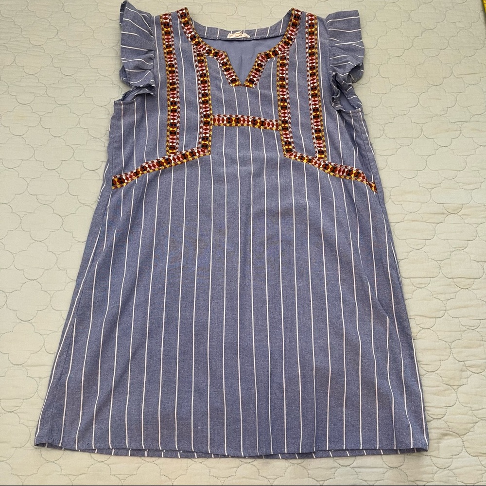 ENTRO Striped Embroidered Ruffle Sleeve Dress Blue & White — size L